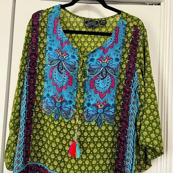 Ananda's Collection Womens 1X Green Boho Paisley Tassel Rayon Tunic Dress India - Picture 3 of 5